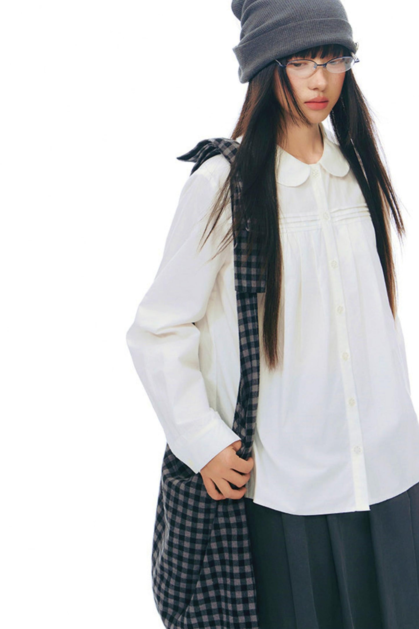 Doll Collar Pleated Cotton Blouse