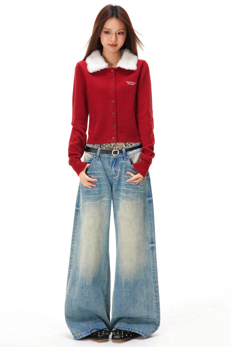 Retro Faux Fur Color Knit Cardigan