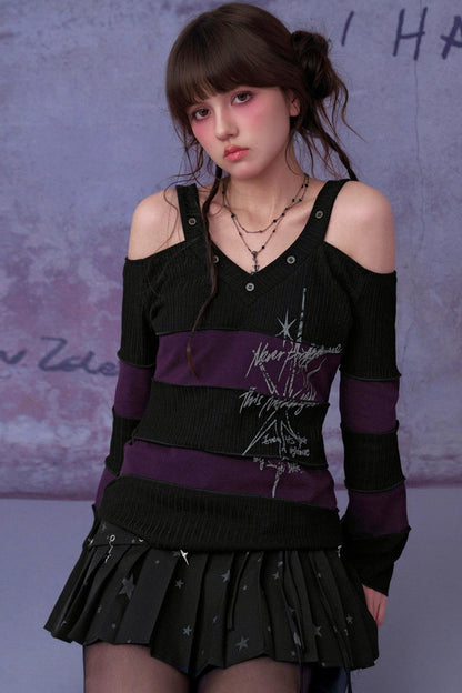 Black and Purple Off Shoulder Top
