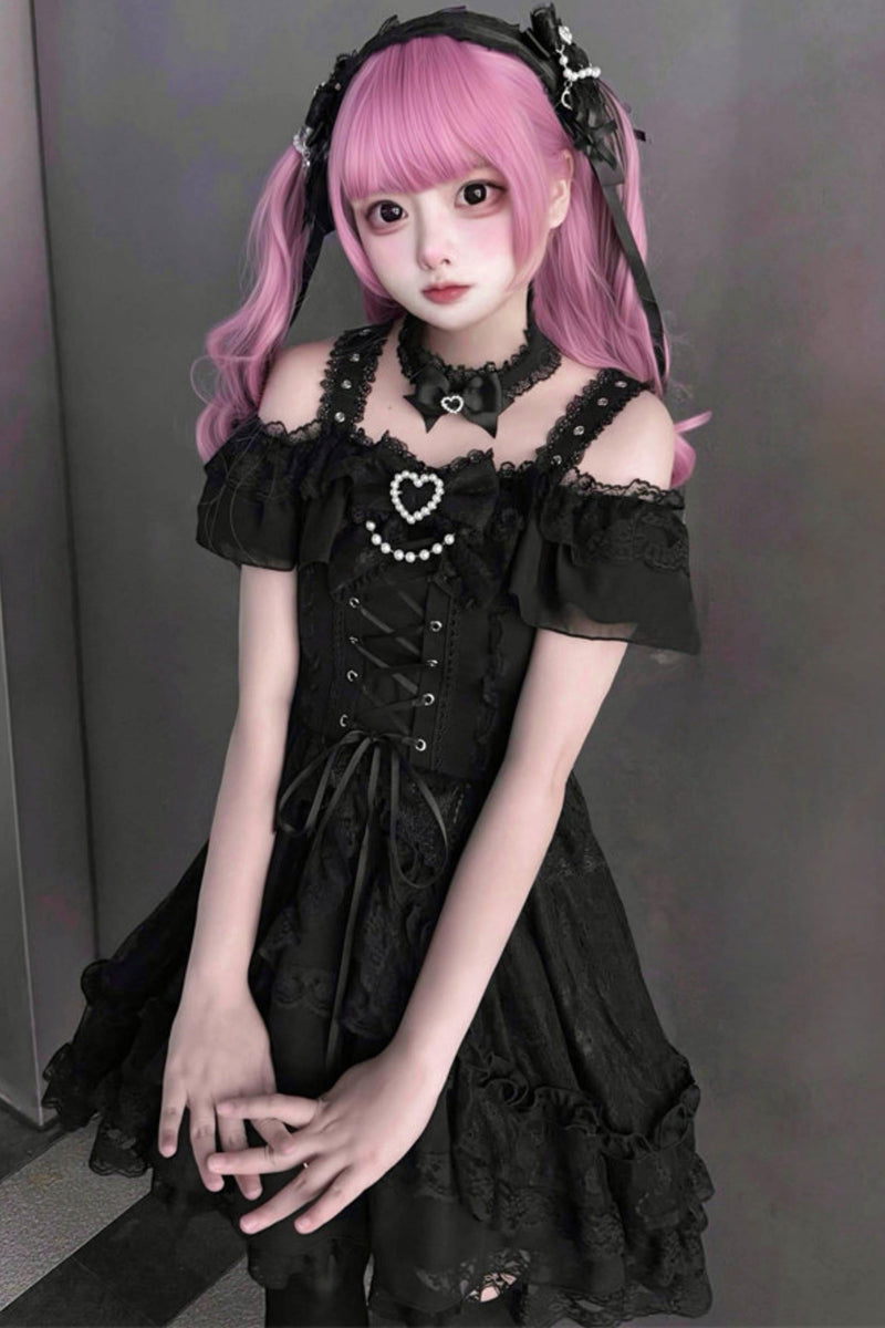 Off-shoulder Dark Kawaii Lace Dress + Neck Ring