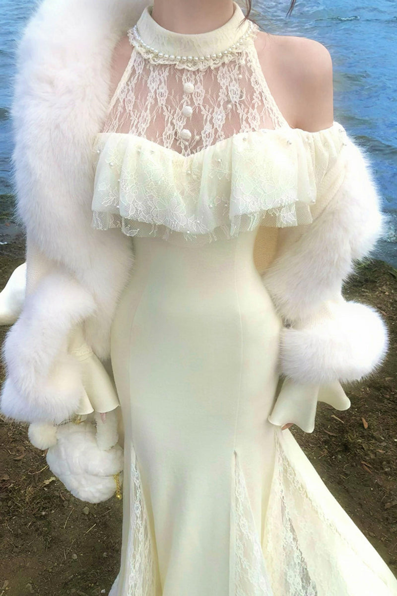 French Lace Waist Slimming Dress + Soft White Longline Cloak