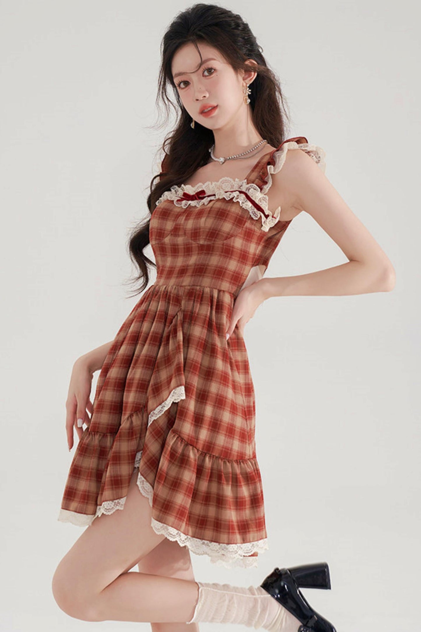 Sweet Red Plaid Lace Dress