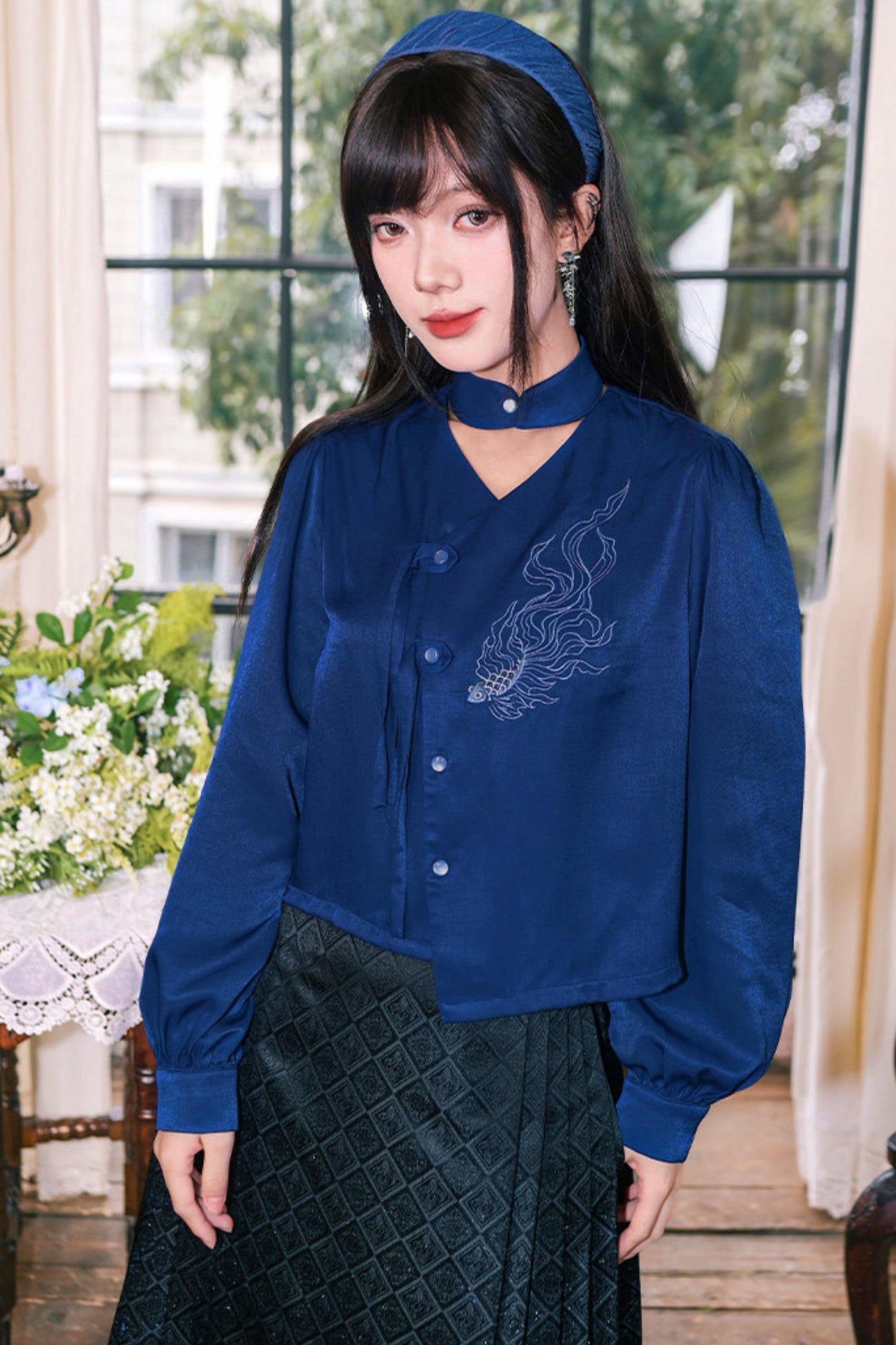 Embroidered Lantern Sleeve Blouse