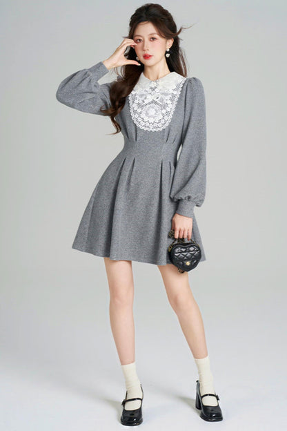 Lace Neck Design Waist Marked Dress