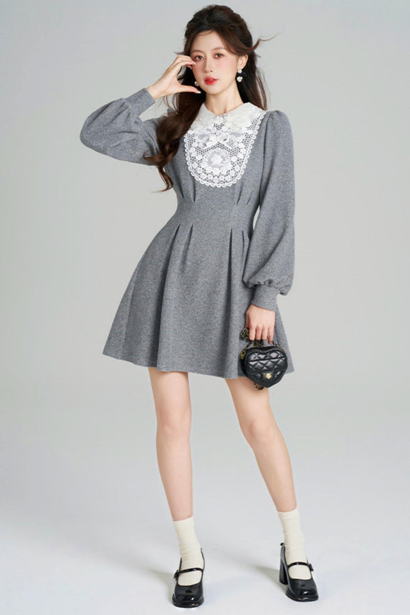 Lace Neck Design Waist Marked Dress