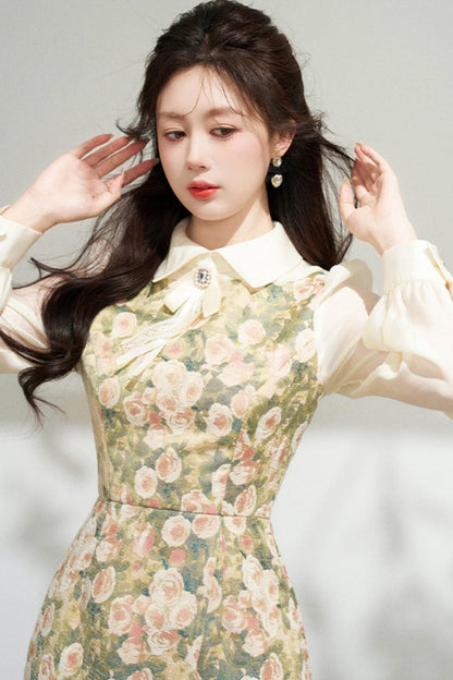 Retro Flower Patchwork Jacquard Dress