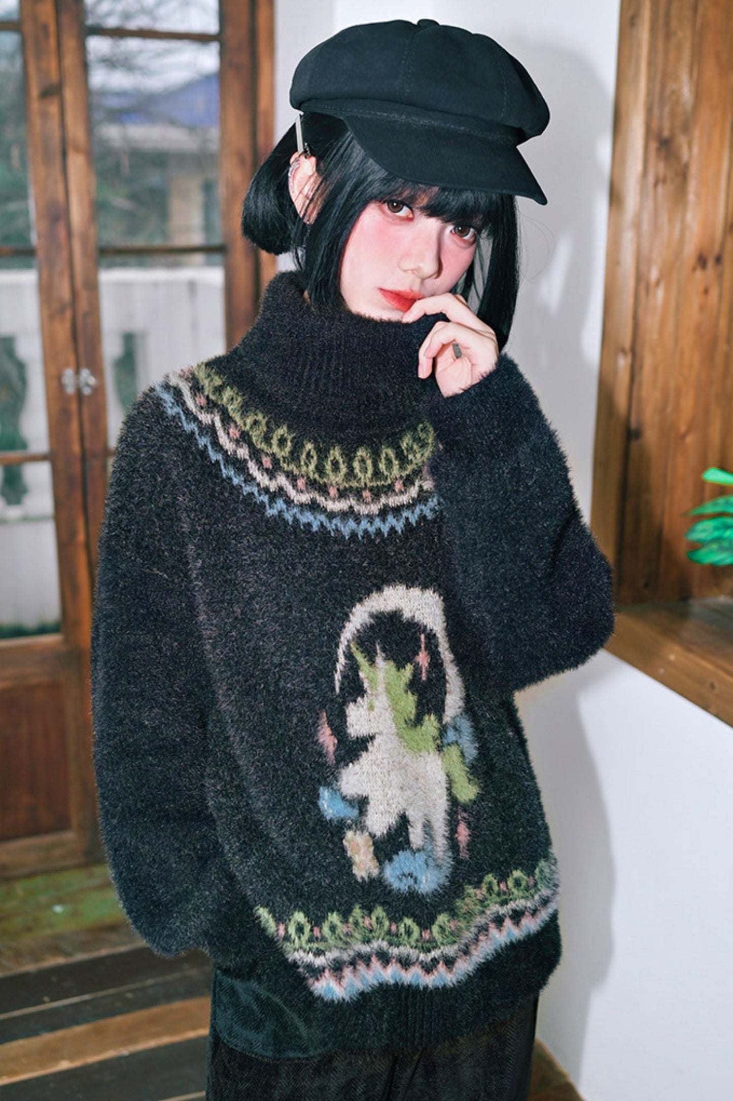 Four Pop Faux Fur Jacquard Sweater