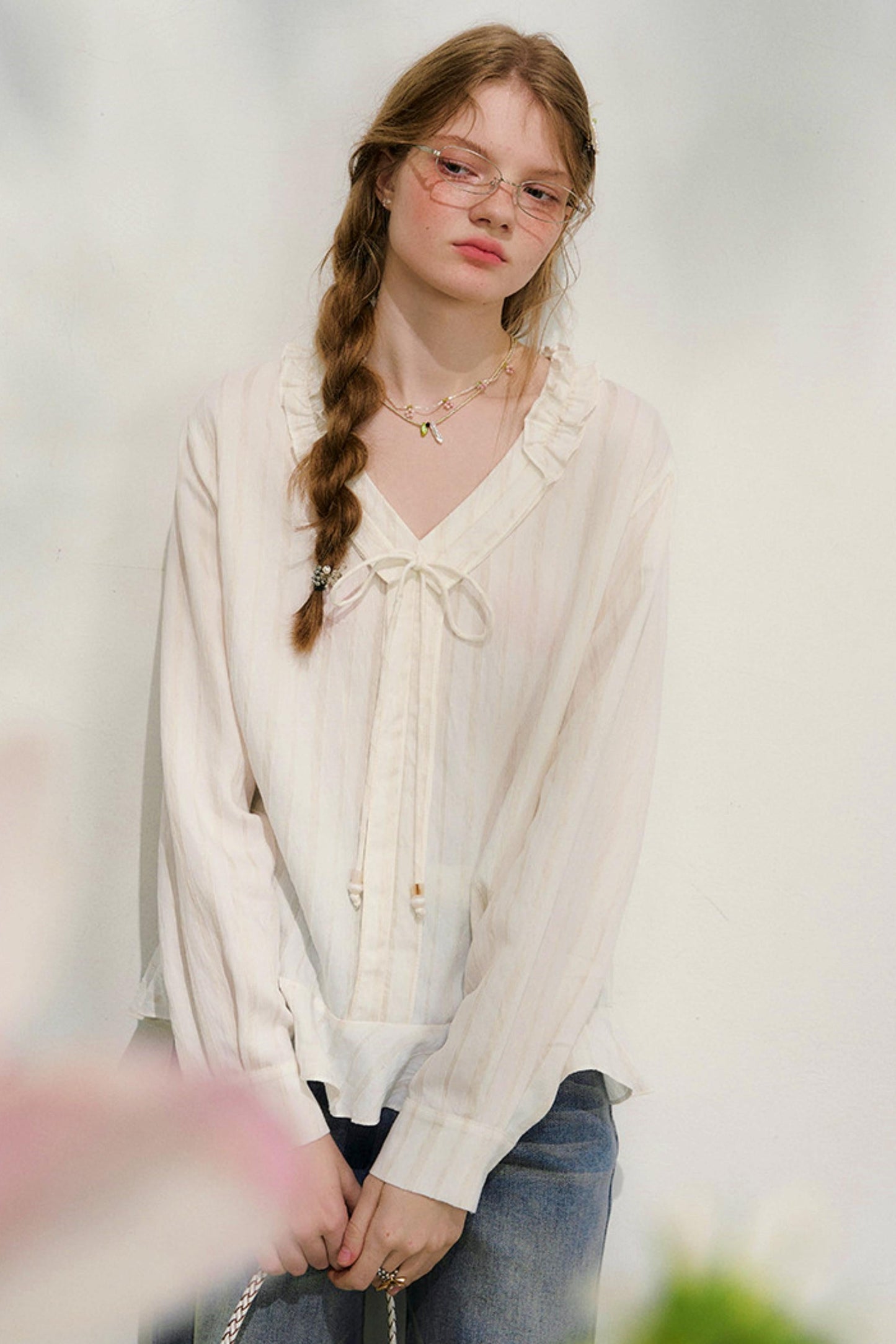 Striped Lace Sleeve Blouse
