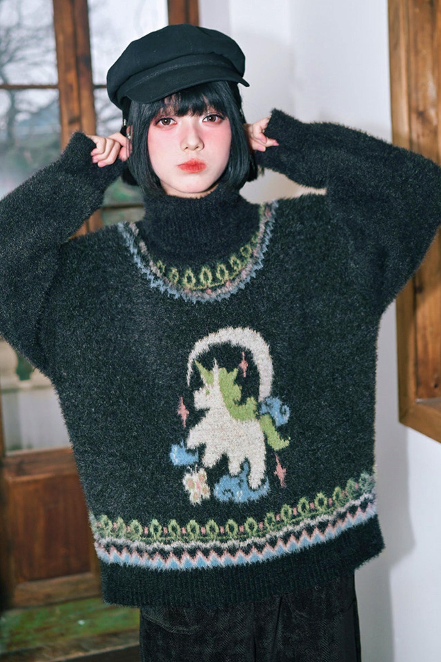 Four Pop Faux Fur Jacquard Sweater