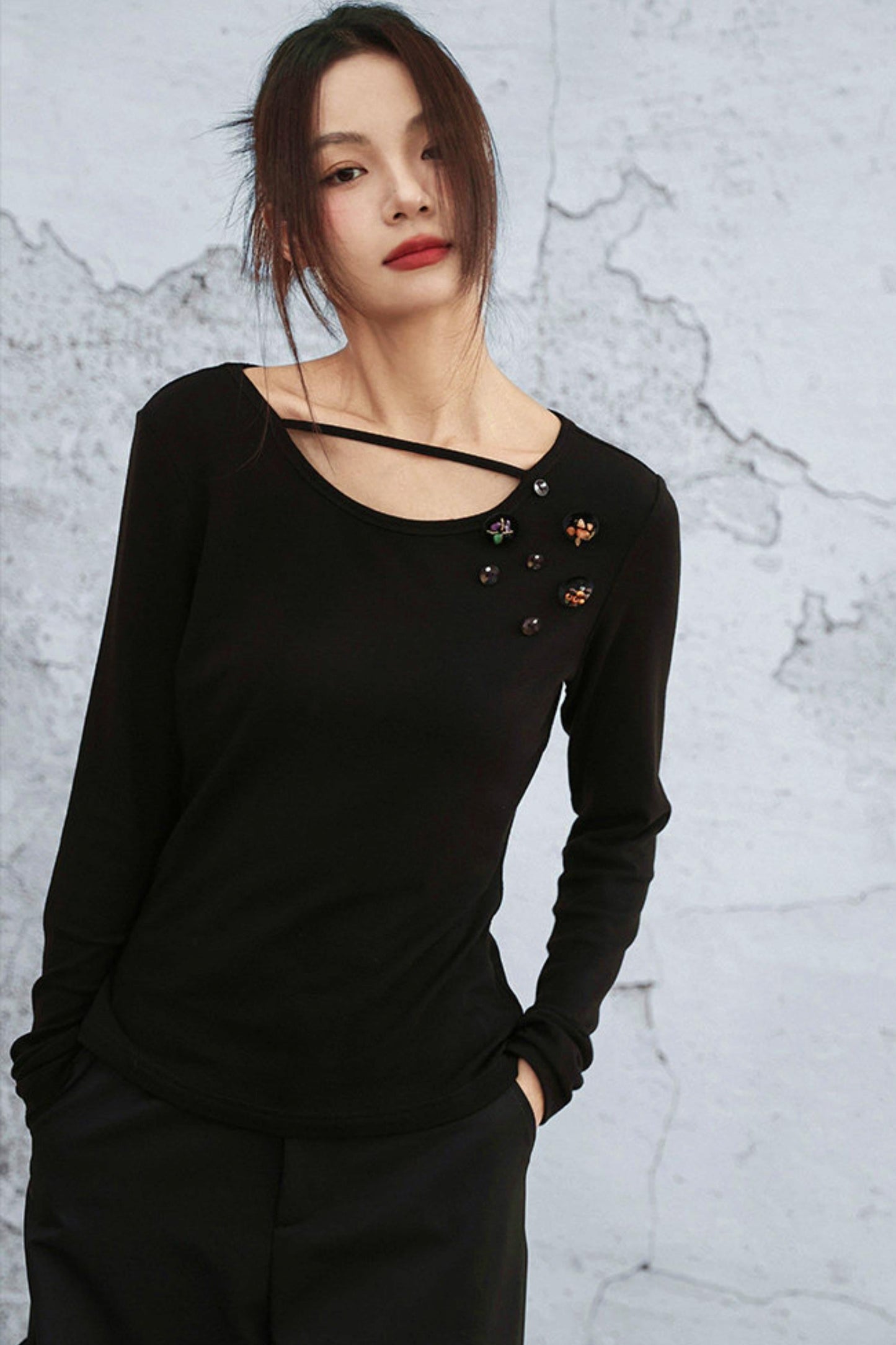 Crystal Button Velvet Knitted Top