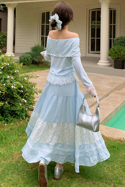 Lace Patchwork Off-shoulder Top + Long Skirt