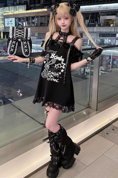 Lace-up Dark Kawaii T-shirt + Skirt + Bag + Hair Accessories
