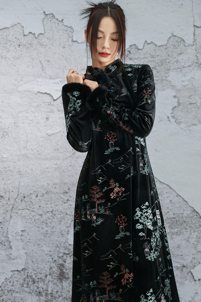 Embroidered Plush Cheongsam Dress