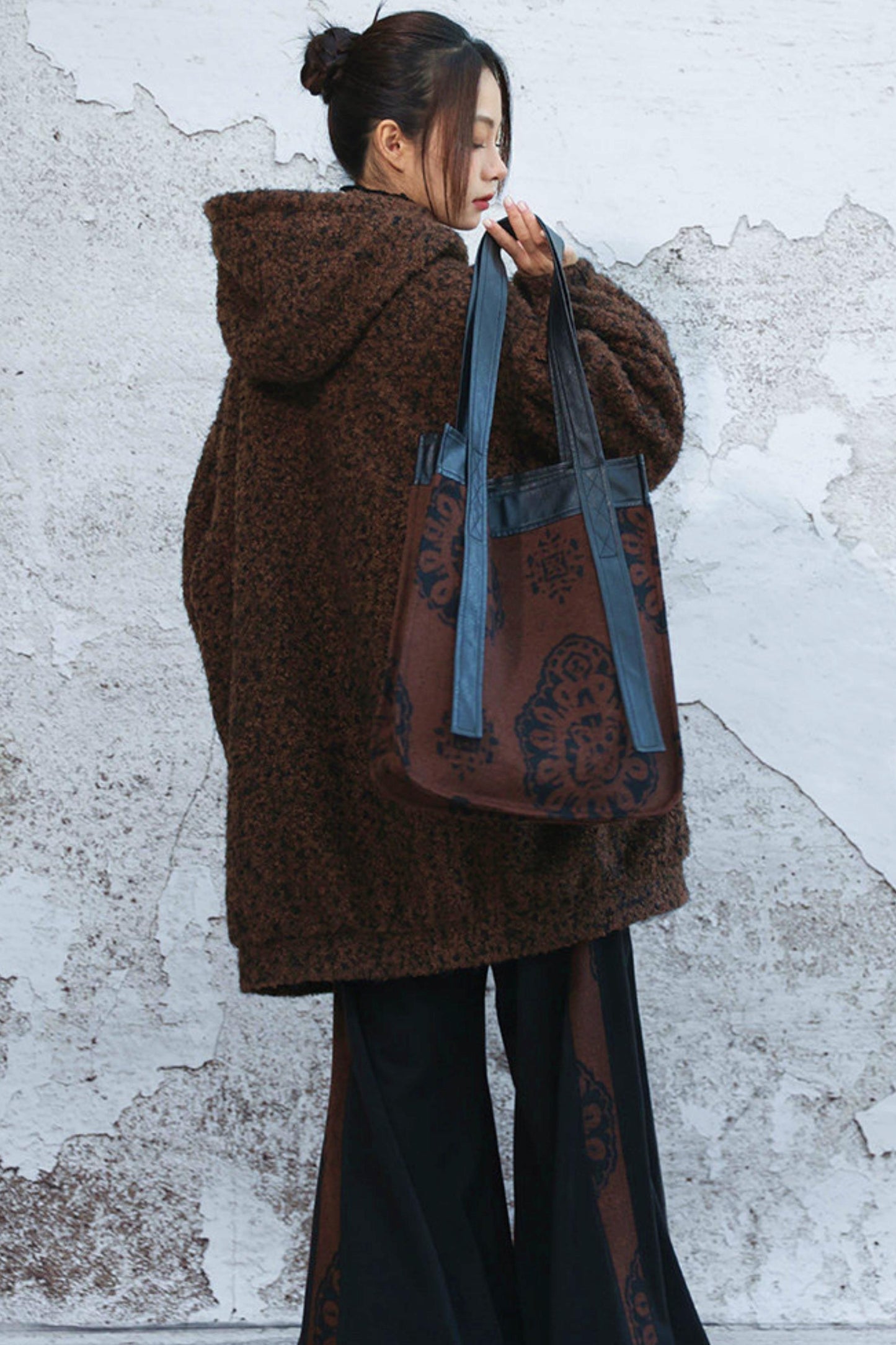 Brown Jacquard Leather Tote Bag