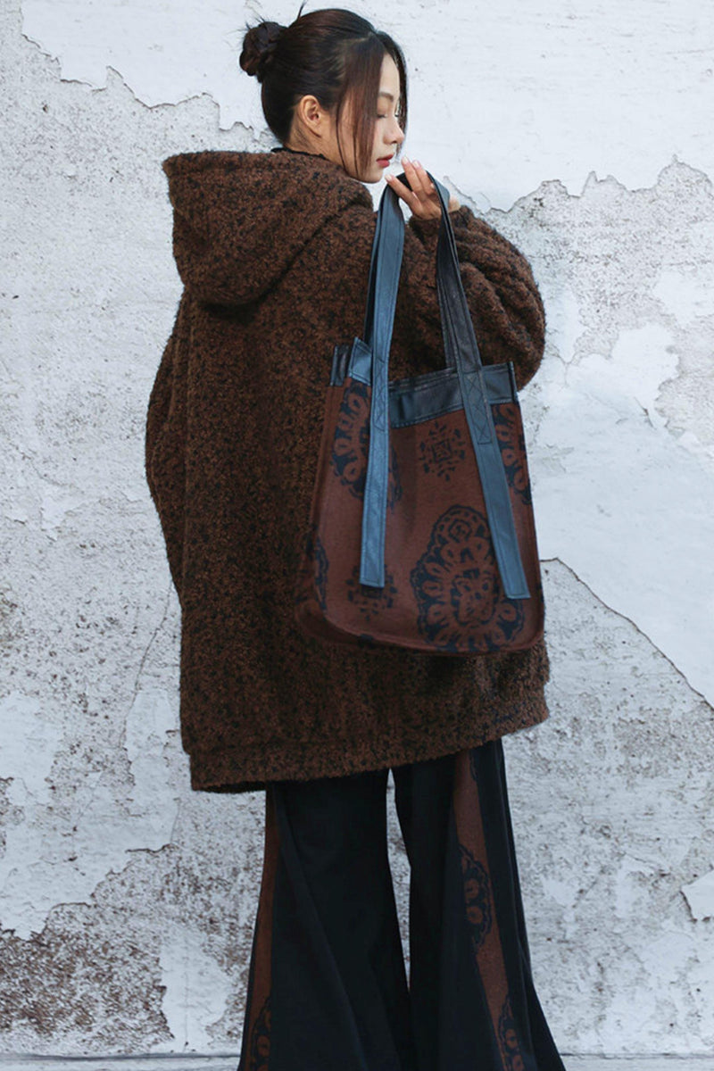 Brown Jacquard Leather Tote Bag