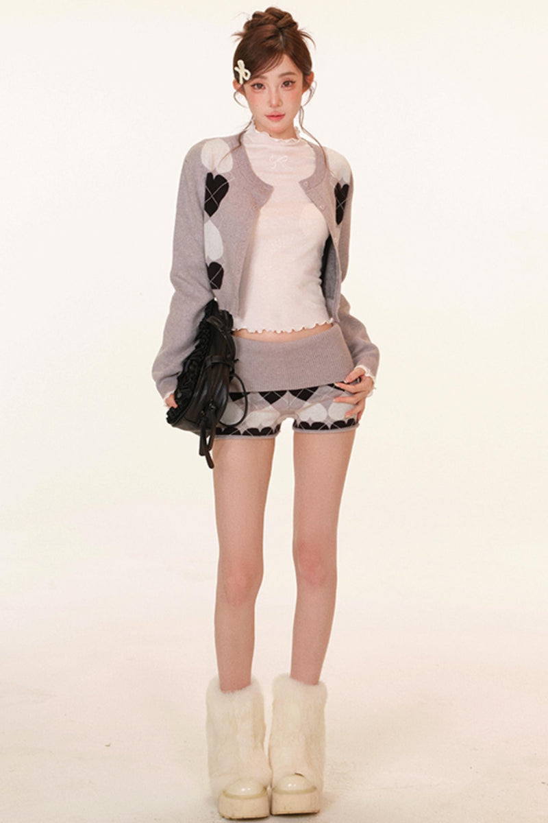 Heart Pattern Cardigan + Top + Shorts