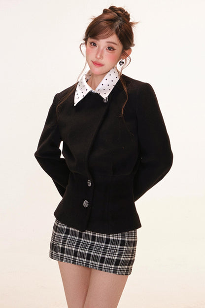 French Jacket + Inner Camisole Top + Plaid Skirt
