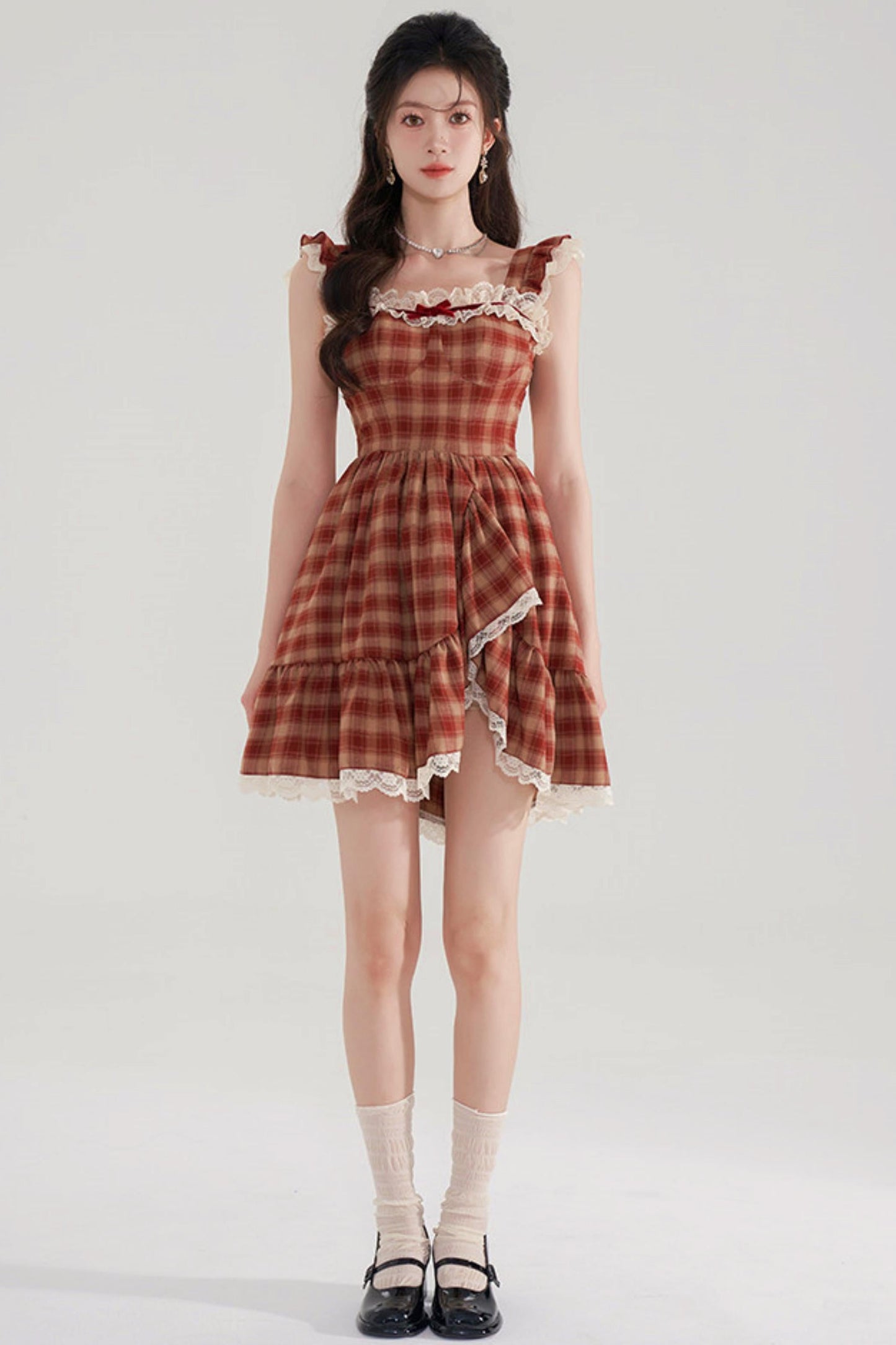 Sweet Red Plaid Lace Dress