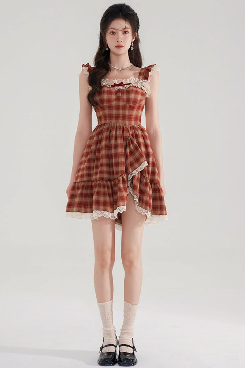 Sweet Red Plaid Lace Dress