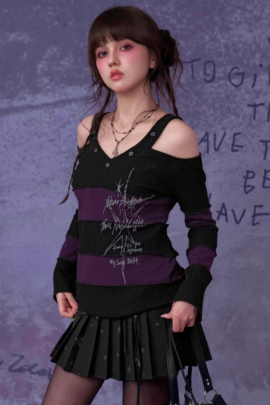 Black and Purple Off Shoulder Top