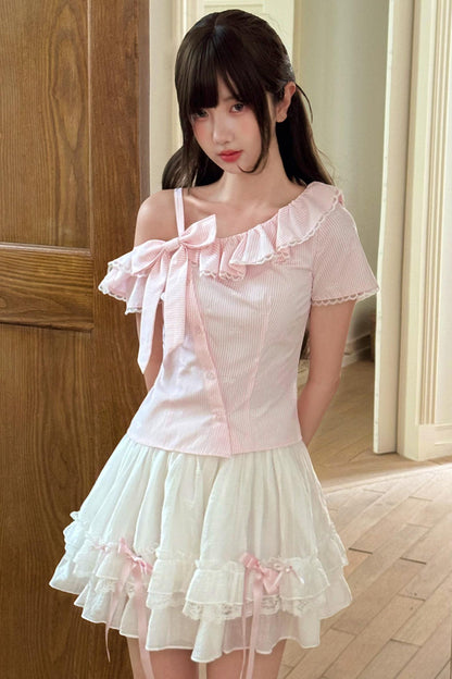 Fluffy Sweet Off-shoulder Ribbon Blouse + Skirt