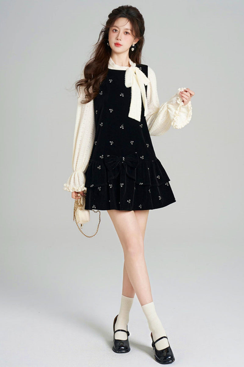 French Sweet Käbel Velvet Dress + Ribbon Neck Blouse