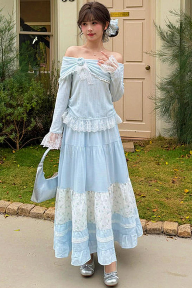 Lace Patchwork Off-shoulder Top + Long Skirt