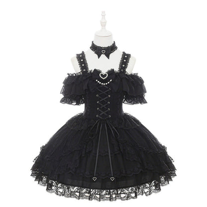 Off-shoulder Dark Kawaii Lace Dress + Neck Ring