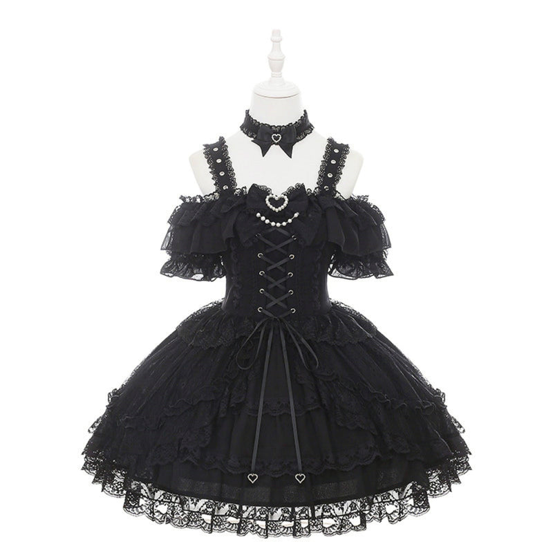Off-shoulder Dark Kawaii Lace Dress + Neck Ring