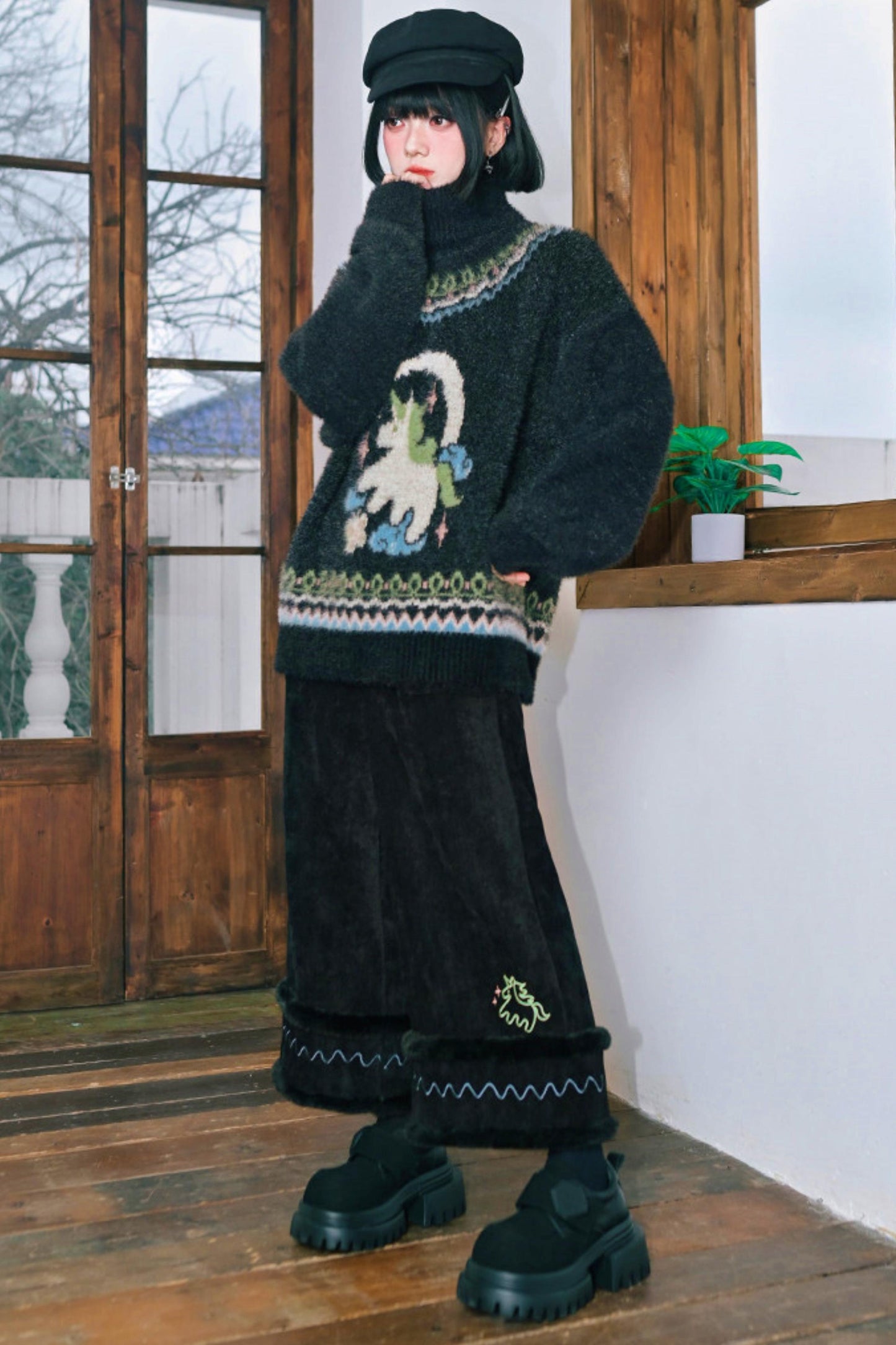 Four Pop Faux Fur Jacquard Sweater