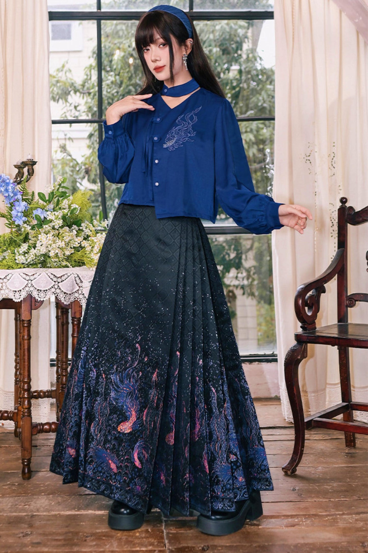Embroidered Lantern Sleeve Blouse