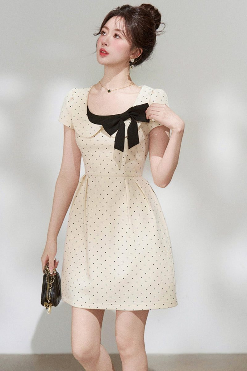French Girly Ribbon Polka Dot Dress
