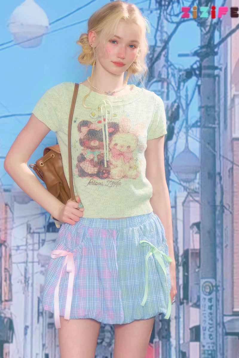 Retro Light Green Print Top