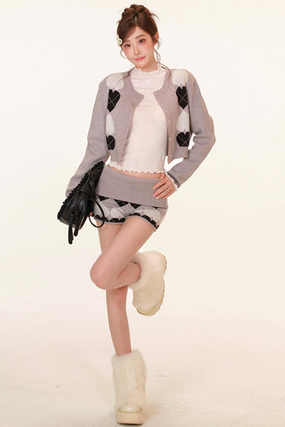 Heart Pattern Cardigan + Top + Shorts