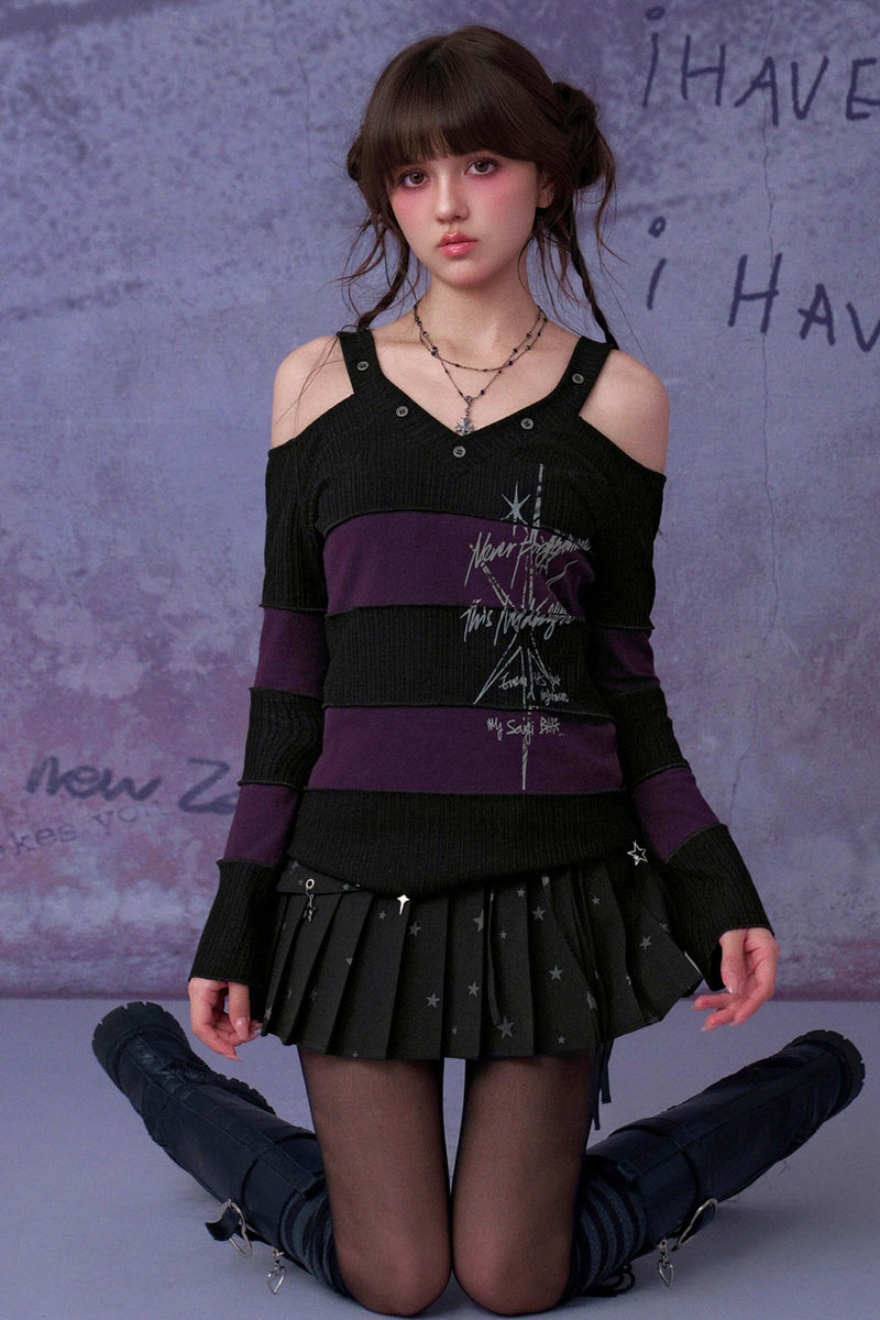 Black and Purple Off Shoulder Top