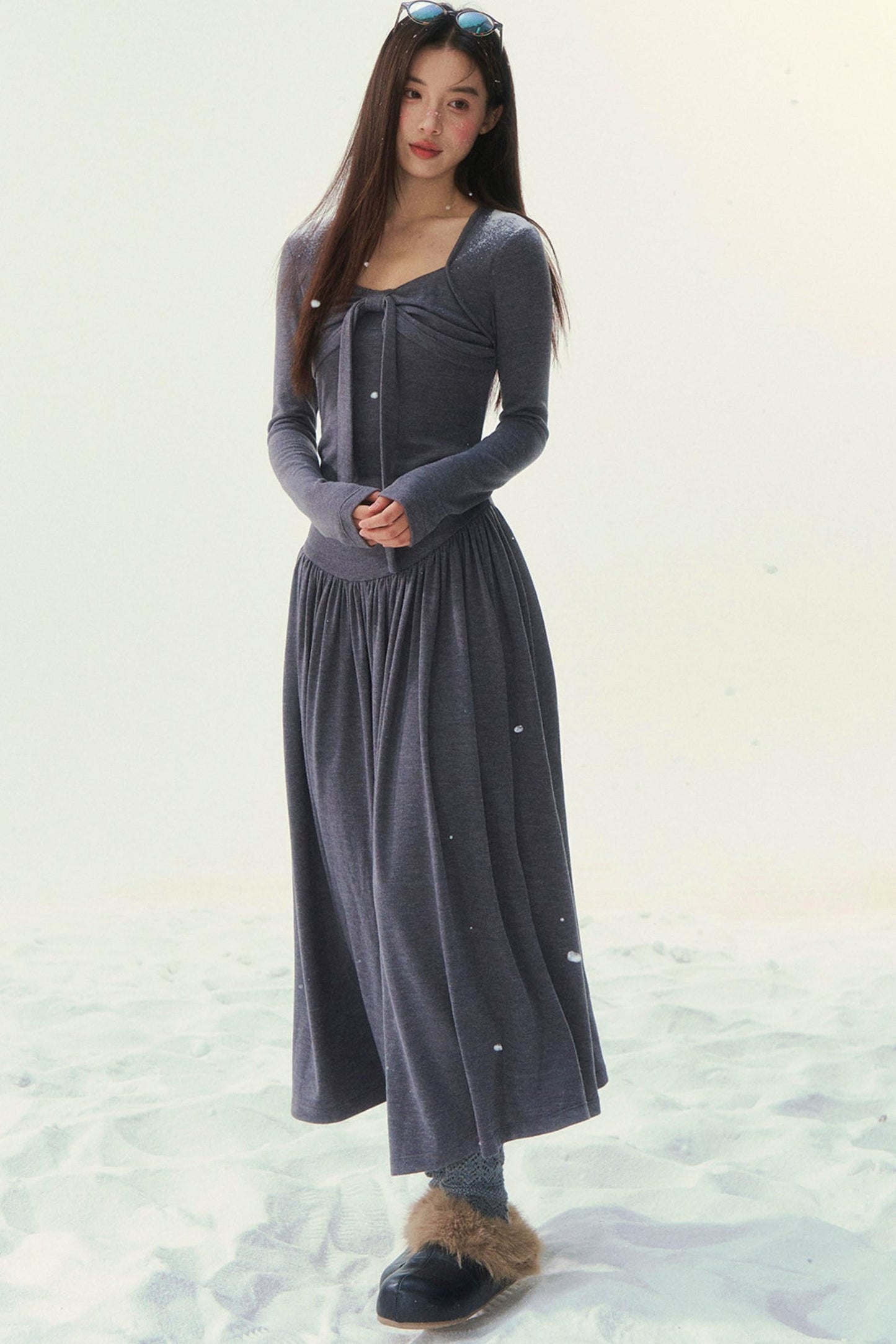 Gray Knit Waist Shape French Dress