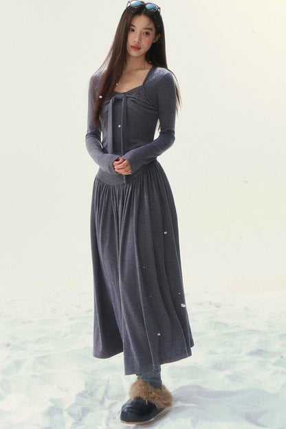Gray Knit Waist Shape French Dress