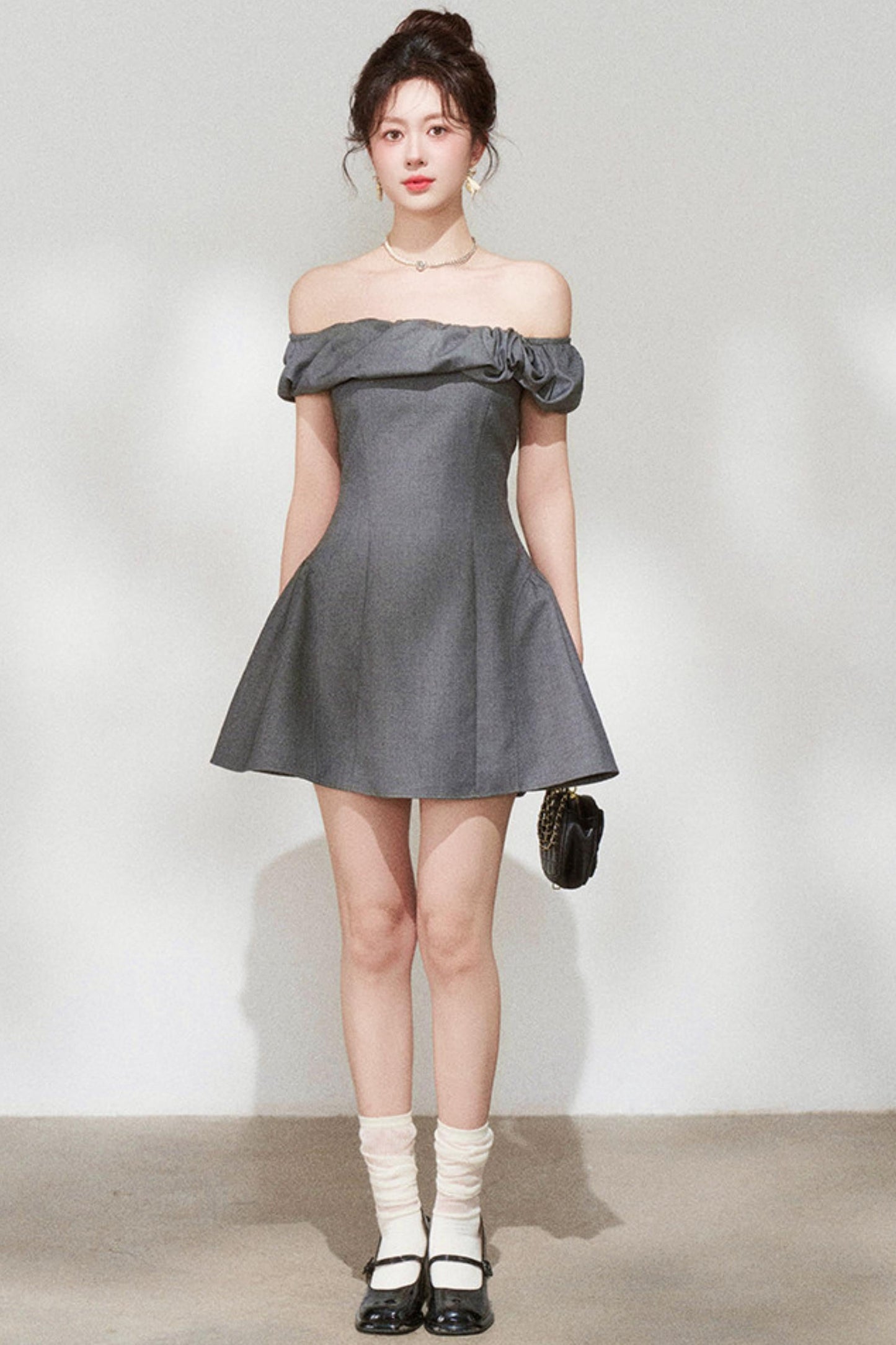 French Gray Off-shoulder Dress