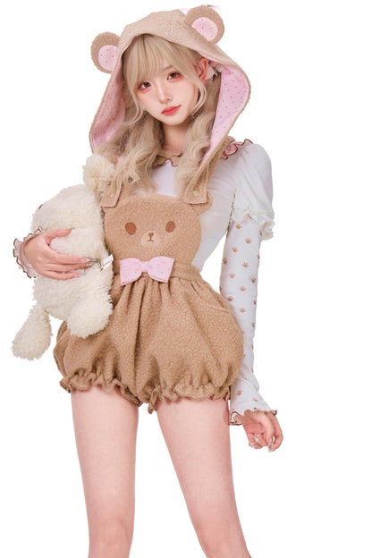 Milk Tea Bear Hooded Overalls + Top