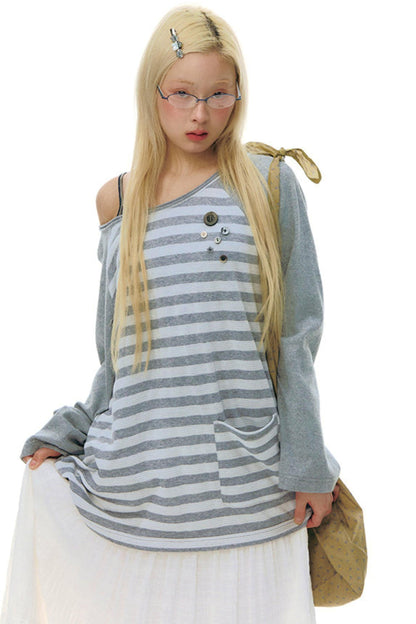 Button Striped Off-shoulder Top