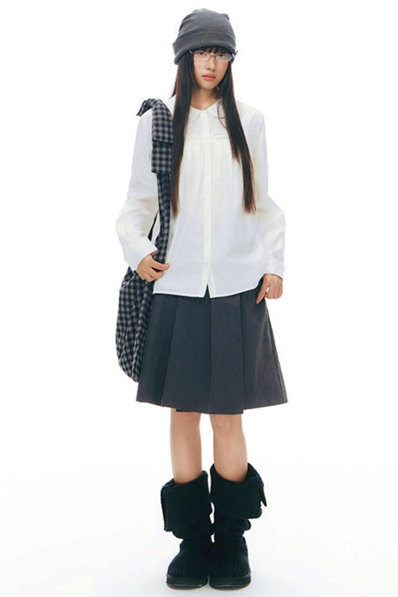 Doll Collar Pleated Cotton Blouse