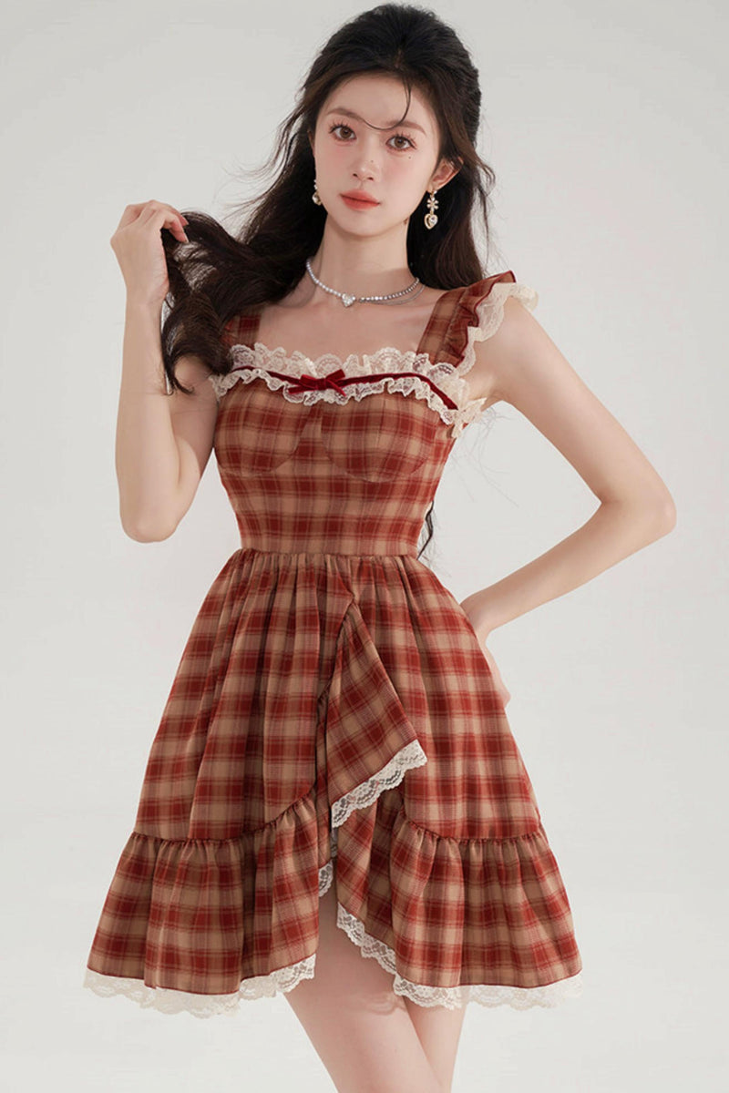 Sweet Red Plaid Lace Dress