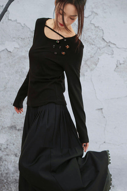 Crystal Button Velvet Knitted Top