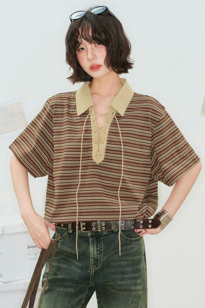 Striped Crop Polo Top