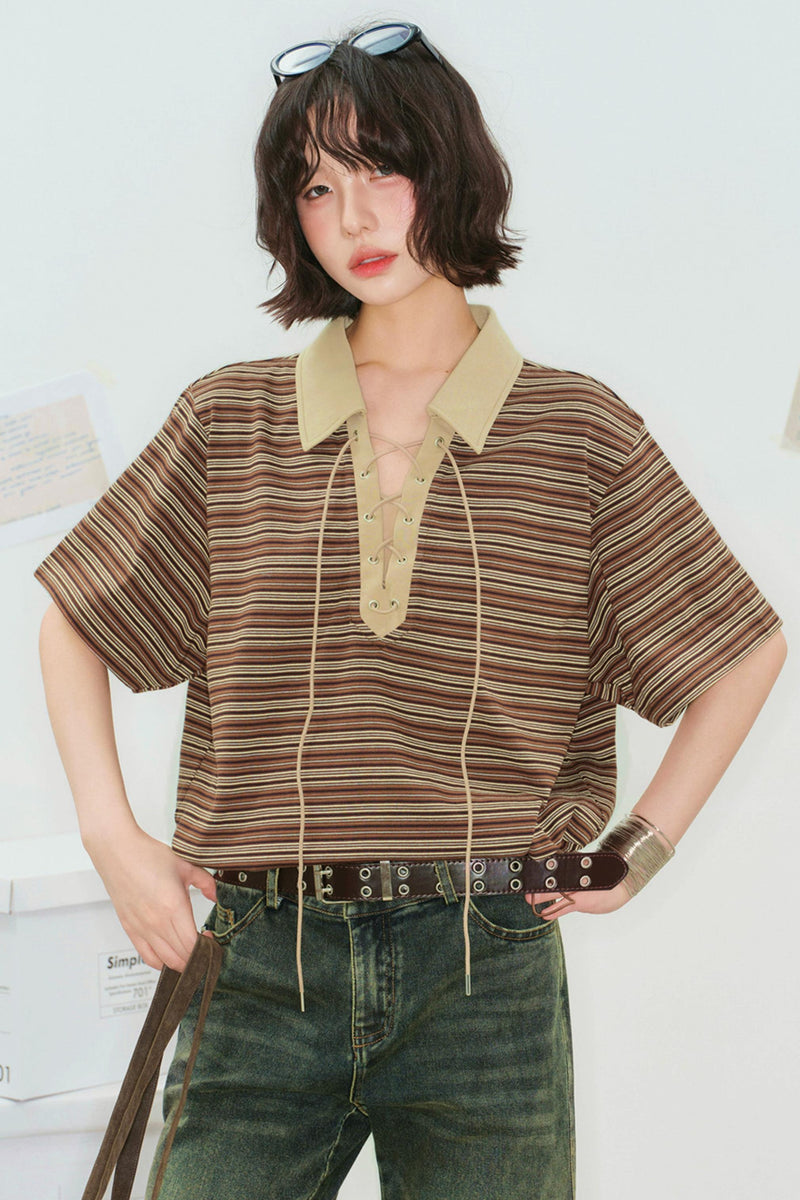 Striped Crop Polo Top