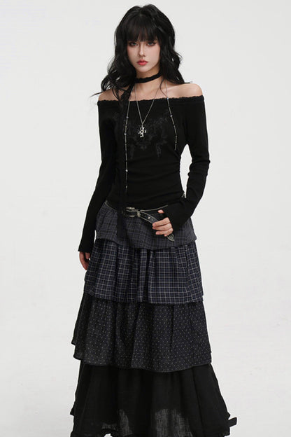 Dark Lace Off-shoulder Top (with Lace Long Scarf)