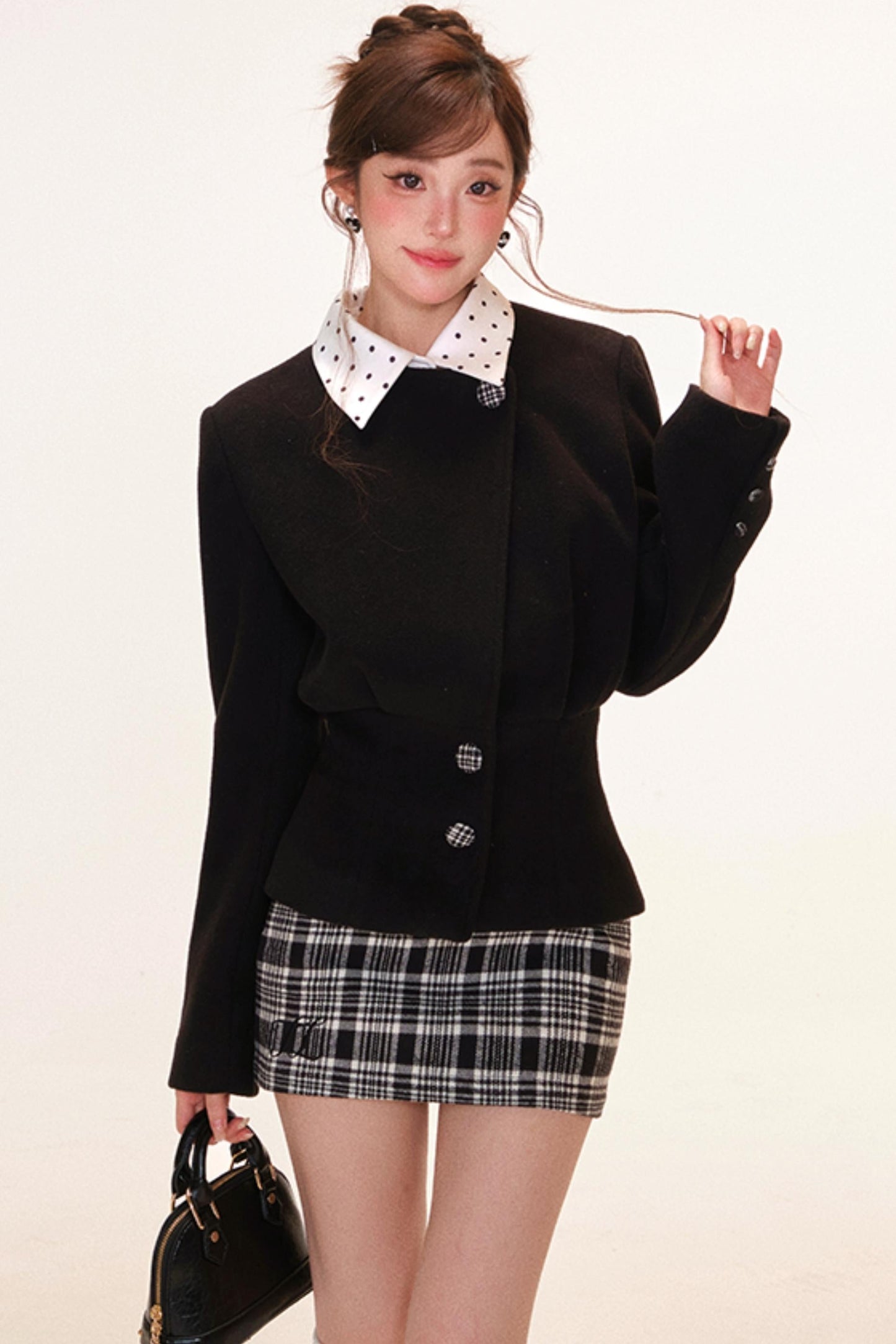 French Jacket + Inner Camisole Top + Plaid Skirt