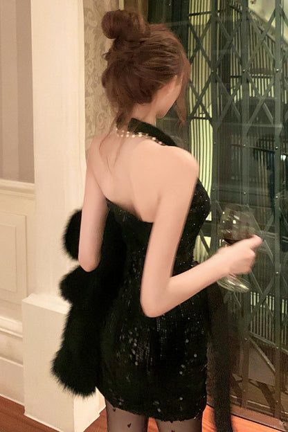 French Style Tight Dress + Fur Coat
