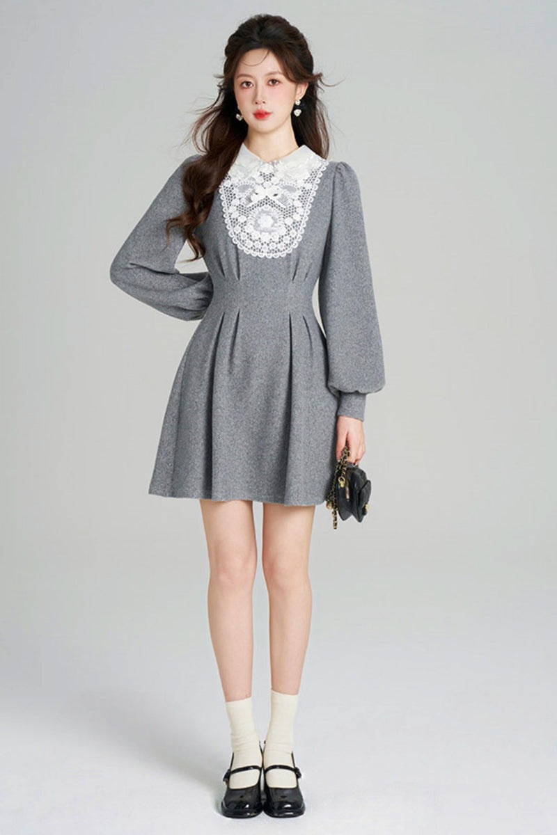 Lace Neck Design Waist Marked Dress
