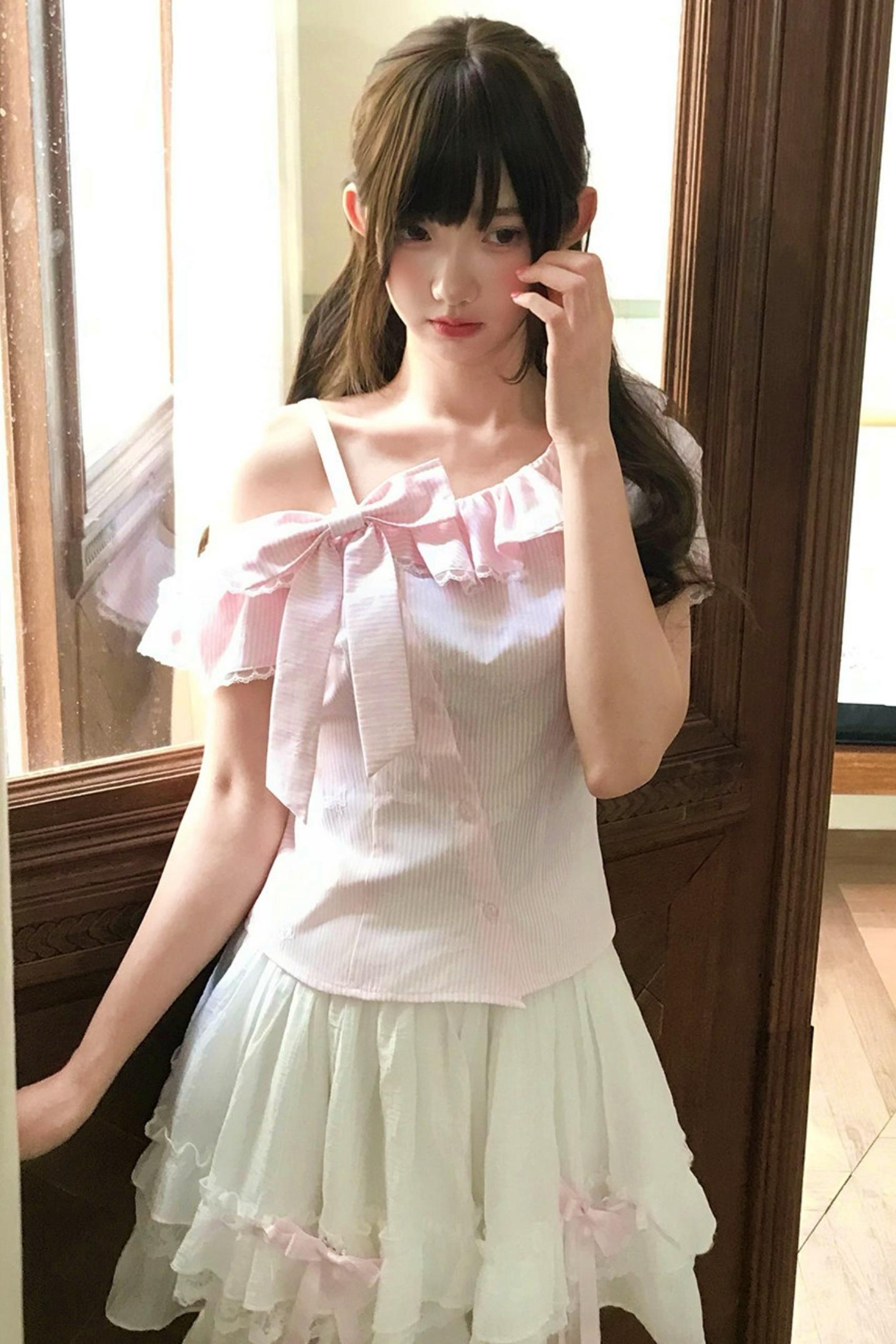 Fluffy Sweet Off-shoulder Ribbon Blouse + Skirt